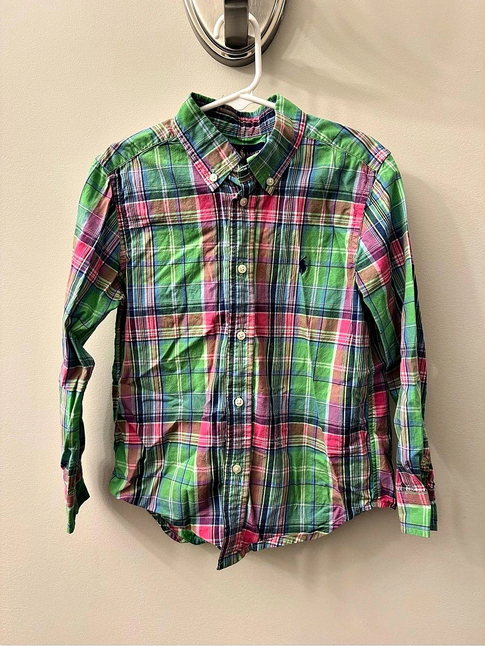 Ralph Lauren Plaid Cotton Button Down Green & Pink Size 6 Like New